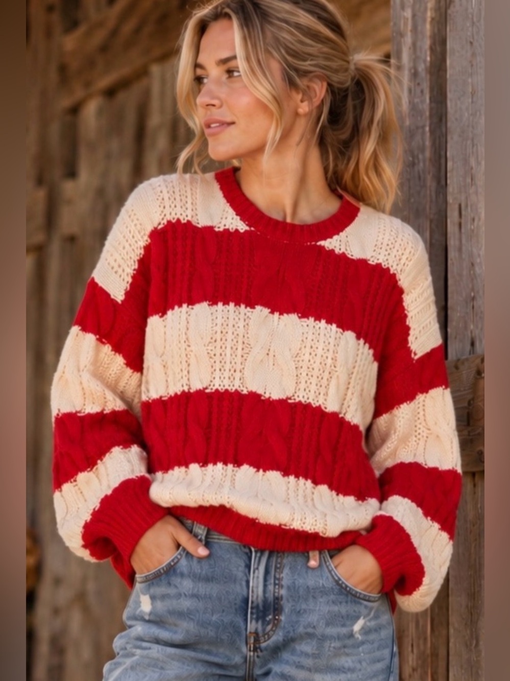 NWT - Cider Cable Knit Striped Pullover in Red & Cream - Oversized
